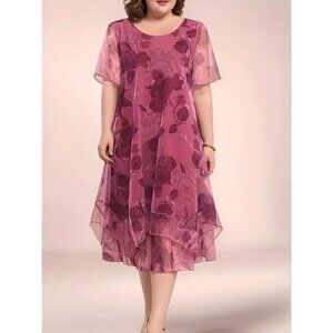 Rose Pink Floral Chiffon Layered Midi Dress Size 1XL Wedding Mother Bride Groom